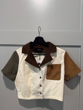 Colorblock Corduroy Cropped Shirt - Brown & Cream